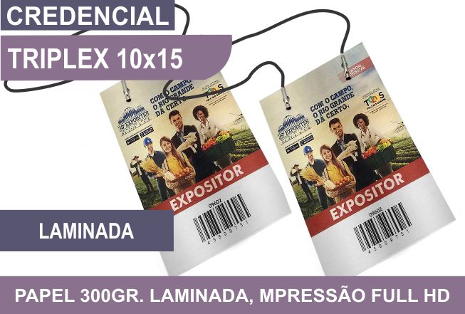 Credencial 10X15 Triplex 300gr laminada Cordão Simples